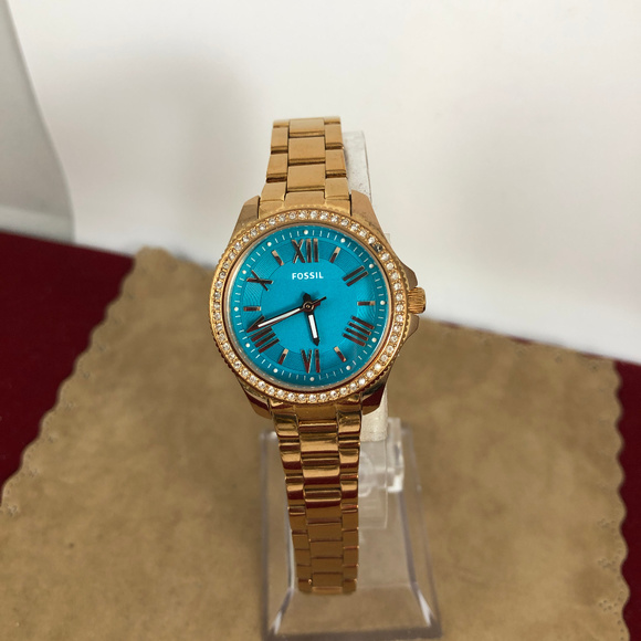 Vintage Fossil Teal Watch Rose Gold Crystal Bezel - Picture 2 of 6